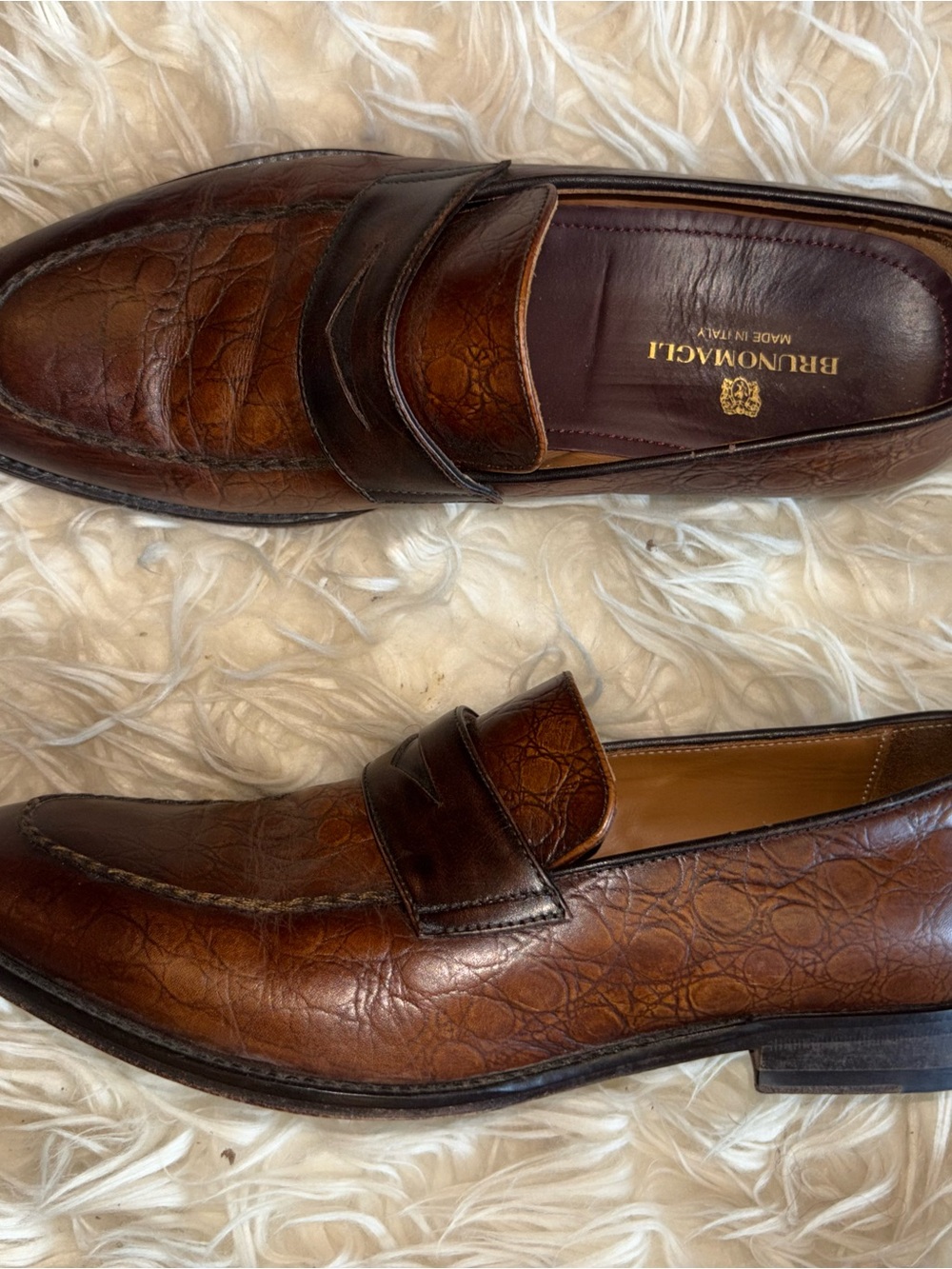 Bruno Magli Cognac Brown Leather Embossed Penny Loafers